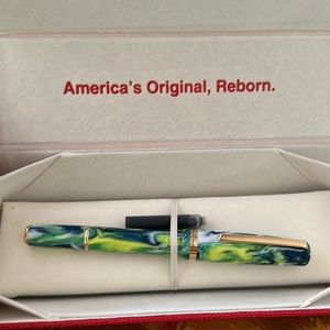 NIB Esterbrook fountain pen, medium nib, blue + green marble w/ gold accents